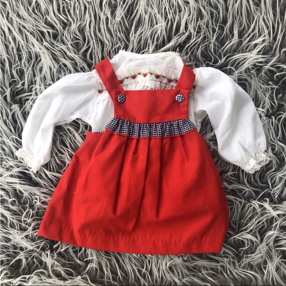Vintage Alexis baby 2 piece outfit floral lace red jumper 18-25 pounds USA made.